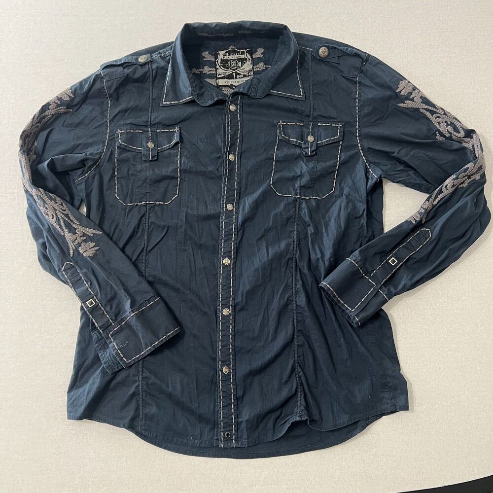 Buckle Black Label Mens XL Embroidered Western Shirt Navy Athletic Fit Rocker